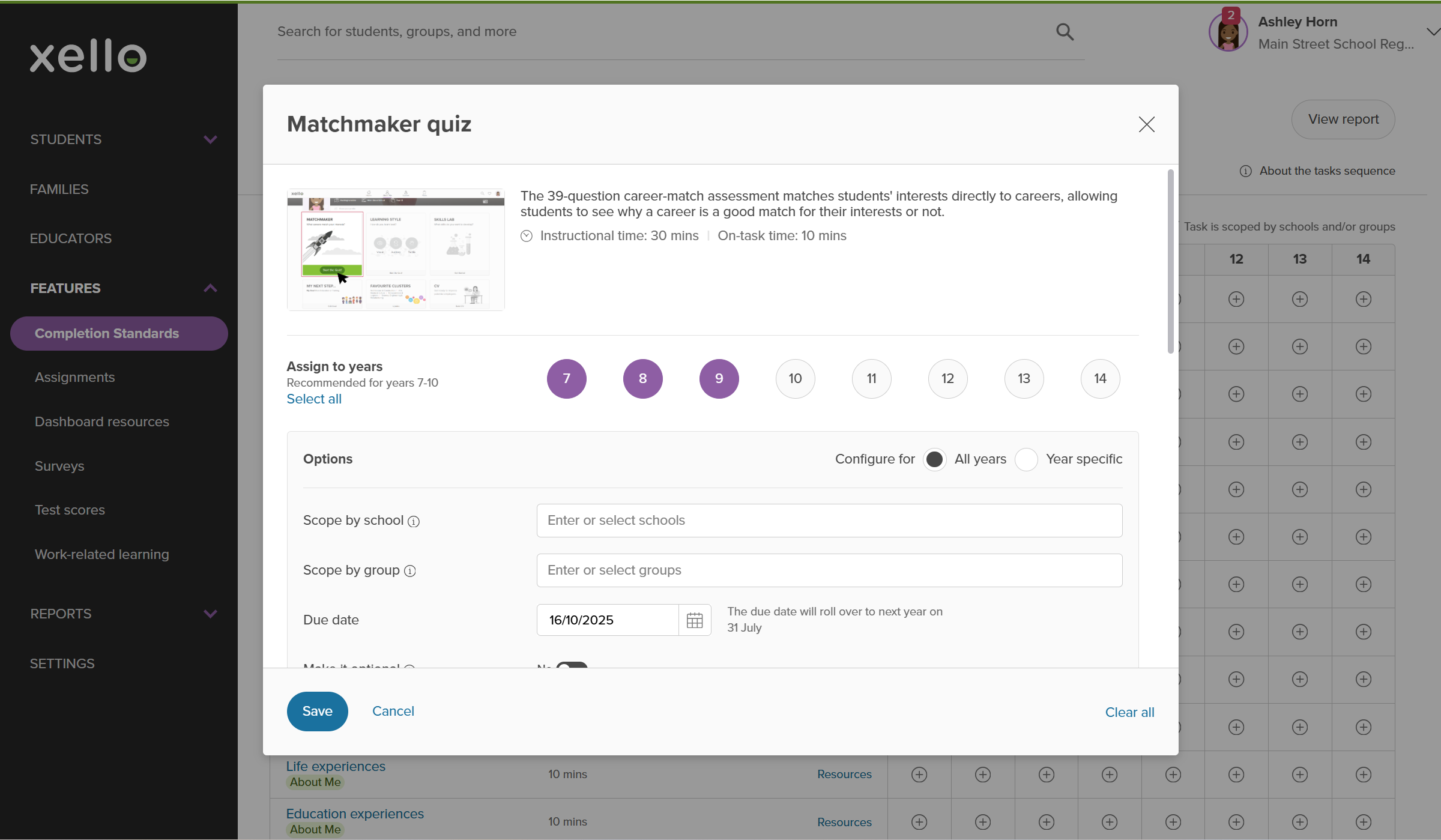 Educator account on the Completion Standards page. The Matchmaker quiz modal is open and is being assigned to multiple grades, with a due date